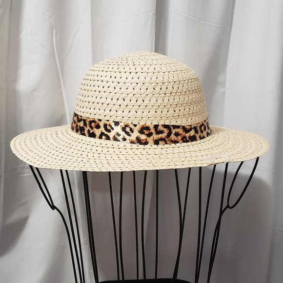 Fun Straw Sun Hat w/ Leopard Print Ribbon NWT - Picture 2 of 5